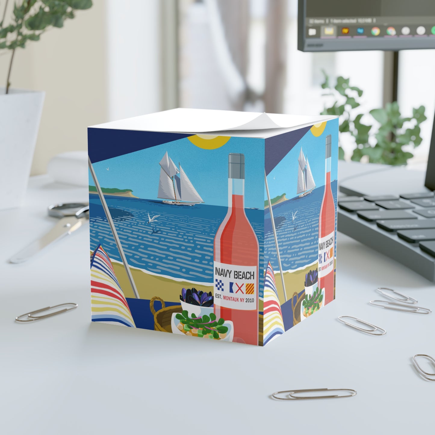 Navy Beach Seascape Note Cube