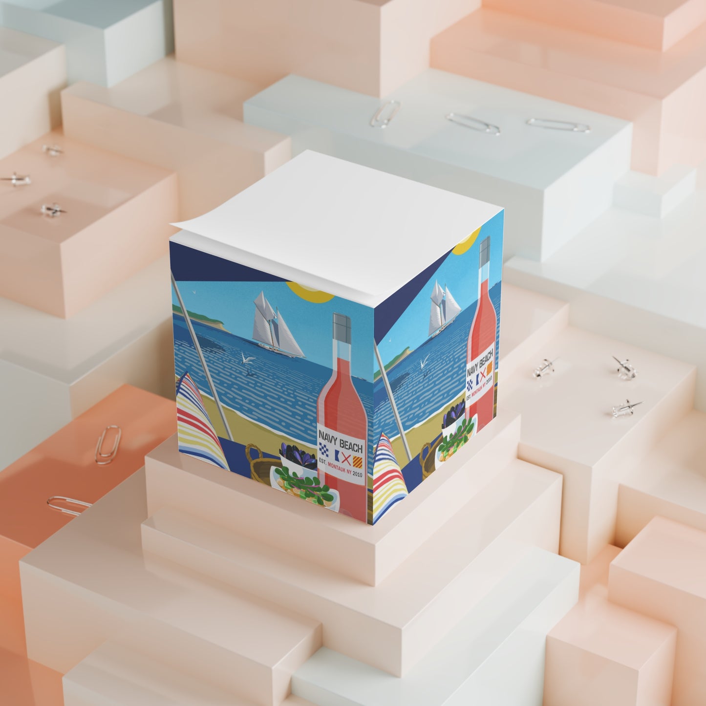 Navy Beach Seascape Note Cube