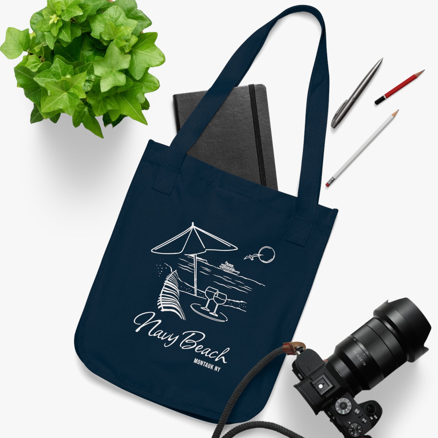 Navy Beach Scene Organic Canvas Tote Bag